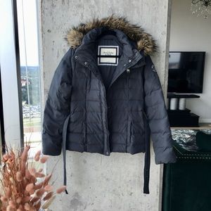 Abercrombie & Fitch Grey Jacket with Hoodie and Removable Faux Fur Hood Trim L